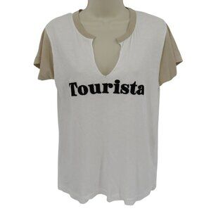 Wildfox Women Large Tourista Short Sleeve Boxy T Shirt Top White Beige Sheer
